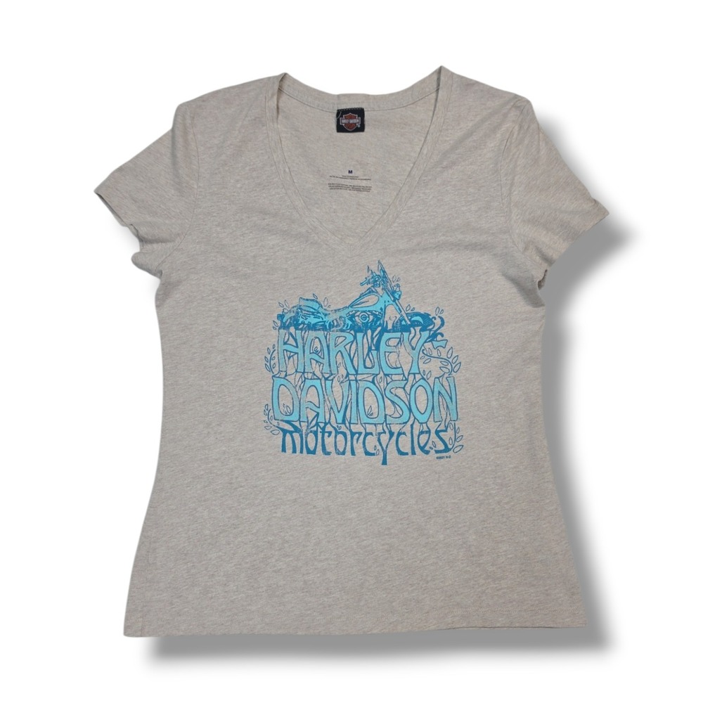 Harley Davidson Motorcycles Graphic V-Neck Beige Heathered T-Shirt Women's M
